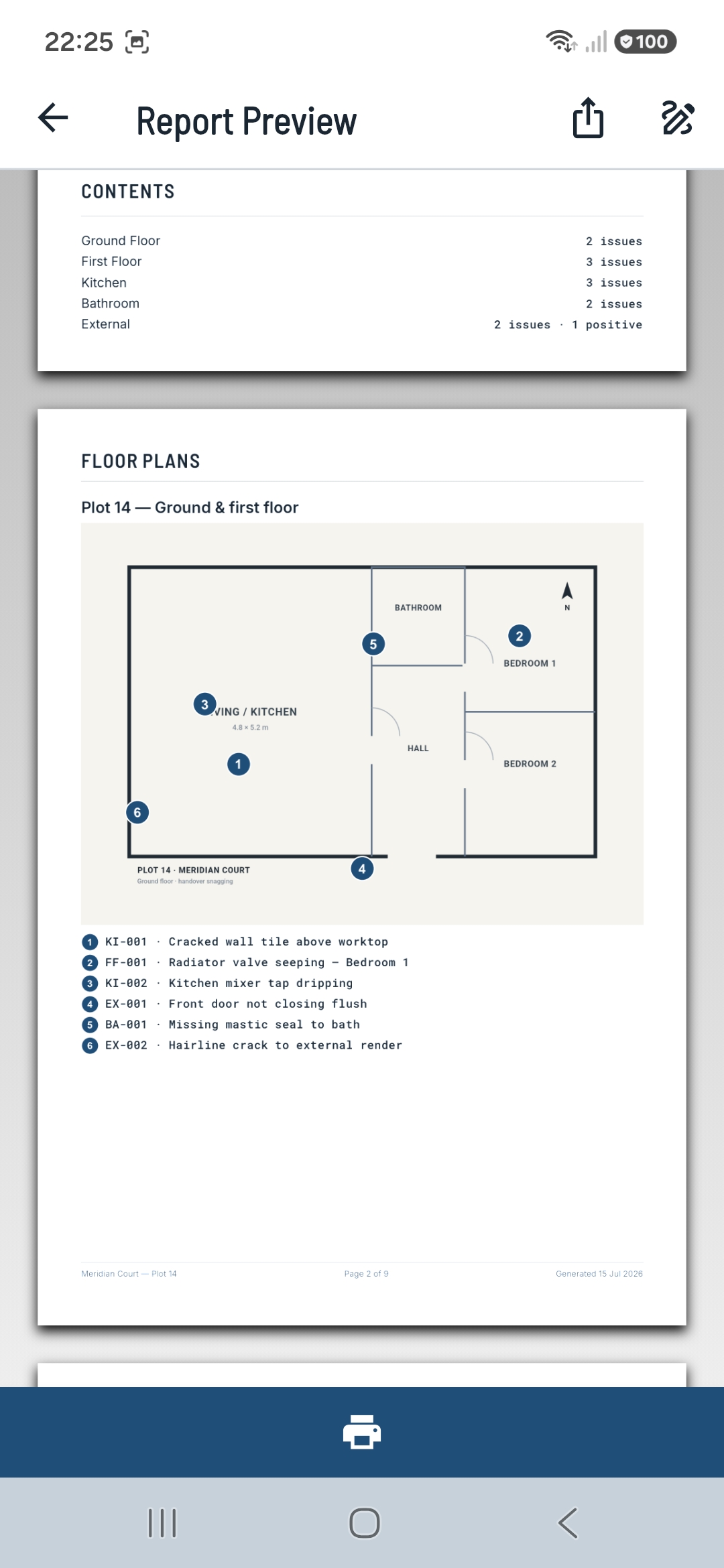 SnagMaster floor plan with numbered pins