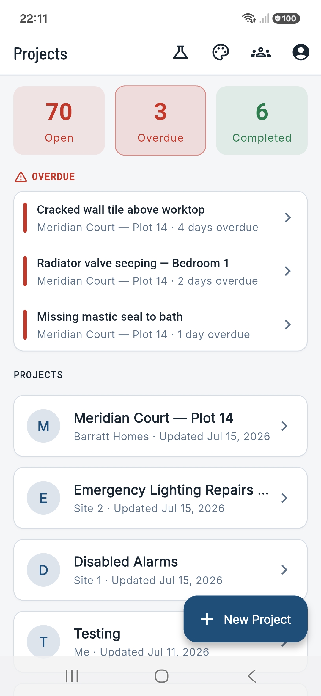 SnagMaster projects dashboard
