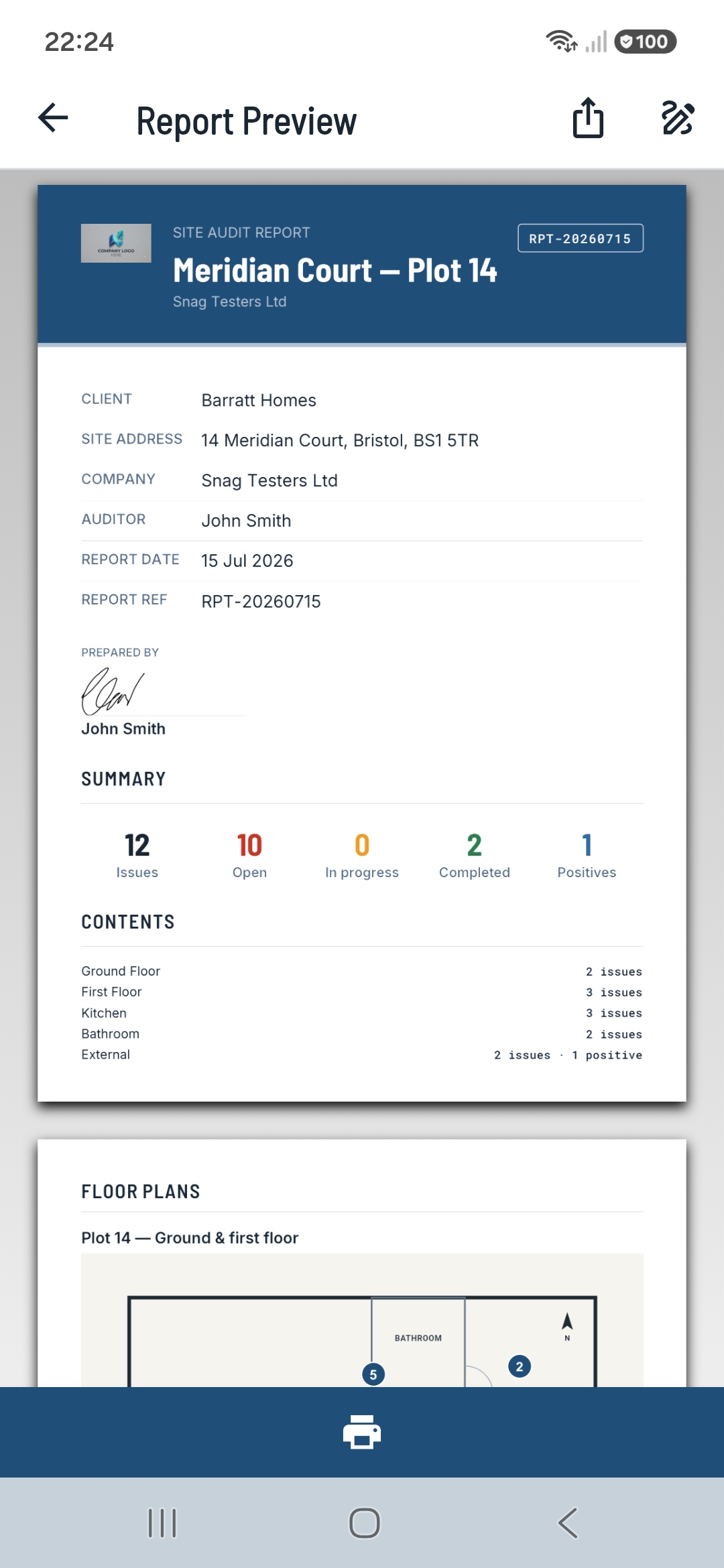 SnagMaster PDF report preview